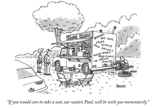 "If you would care to take a seat, our waiter, Paul, will be with you momentarily."