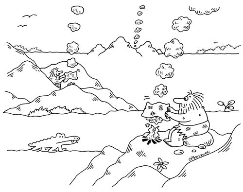 Cavemen communicating via smoke signals