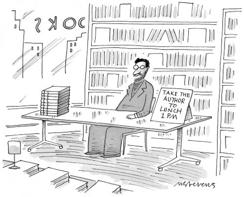 A man sits behind a table in a book store with a sign that reads "Take the author to lunch 1 P.M."