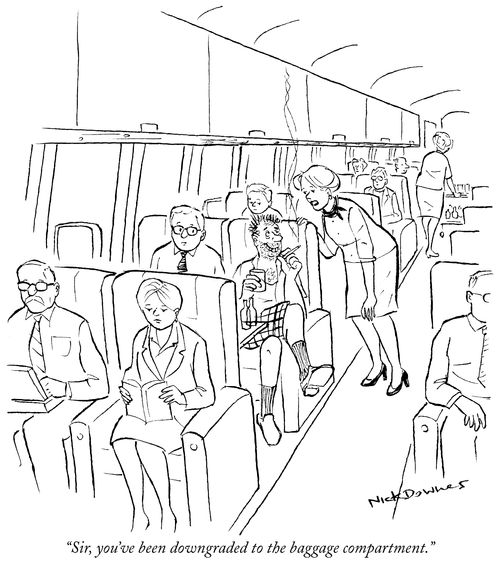 "Sir, you've been downgraded to the baggage compartment."