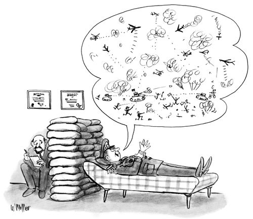 A therapist hides behind sandbags as a general talks of war.