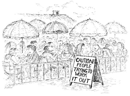 Many couples at a sidewalk cafe engaged in serious conversation; a sign next to them reads "Caution! People trying to work it out".