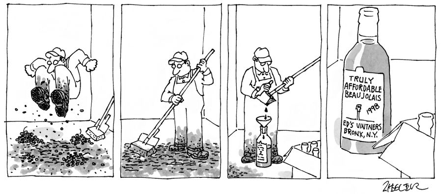 A janitor stomps on, mops up and bottles some grapes to make "Truly Affordable Beaujolais".