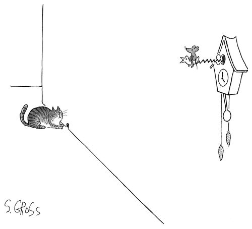 A cat staking out mouse hole, looks up to see the mouse astride a cuckoo bird.