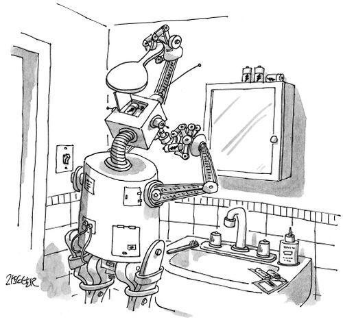 A robot standing in a bathroom with a hand mirror in his hand inserting new batteries into the back of his head.
