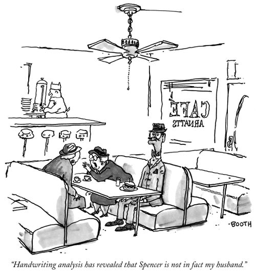 "Handwriting analysis has revealed that Spencer is not in fact my husband."