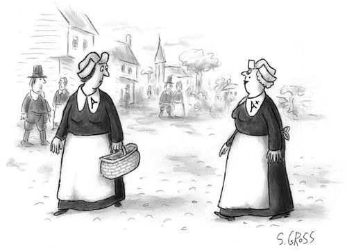 A woman has an "A+" scarlet letter.