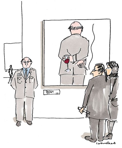 A couple looks at a security guard with his arms behind his back standing beside a painting depicting him from behind holding a glass of wine and a cigarette in his hands.