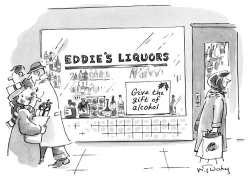 Sign on a liquor shop decorated for Christmas that reads "Give the gift of alcohol".