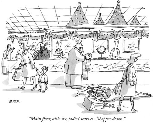 "Main floor, aisle six, ladies' scarves. Shopper down."