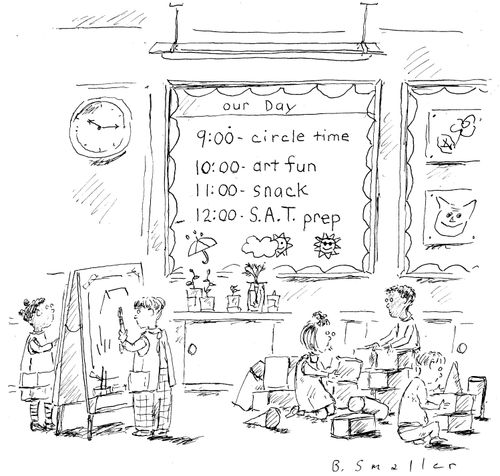 A classroom full of young children; a schedule board in the background lists the day's activities which include: circle time, art fun, snack and S.A.T. prep.