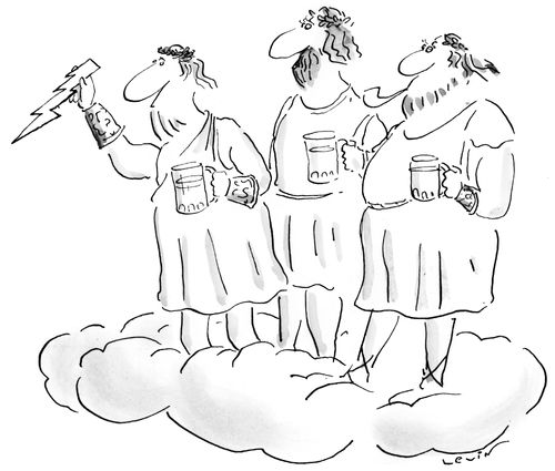 The gods drink beer while Zeus throws a thunderbolt.