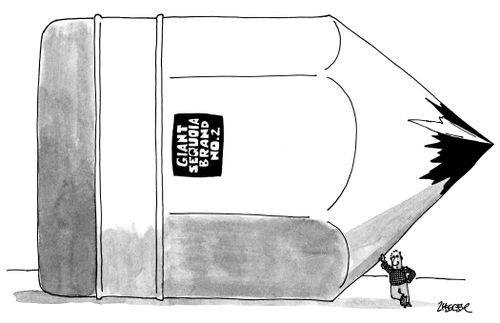 A lumberjack leans against a giant pencil that reads "Giant Sequoia Brand No .2".
