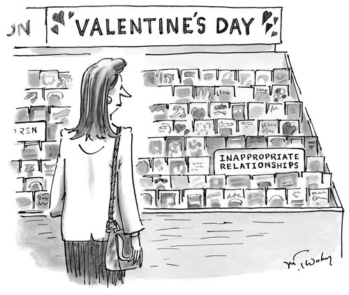 Woman shopping for greeting cards in the "Valentine's Day" section sees a category labeled "Inappropriate Relationships".