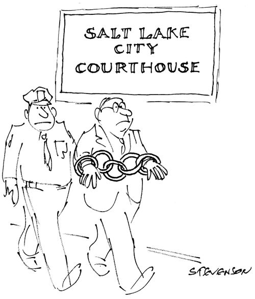A man being taken to the Salt Lake City Courthouse wearing special handcuffs.