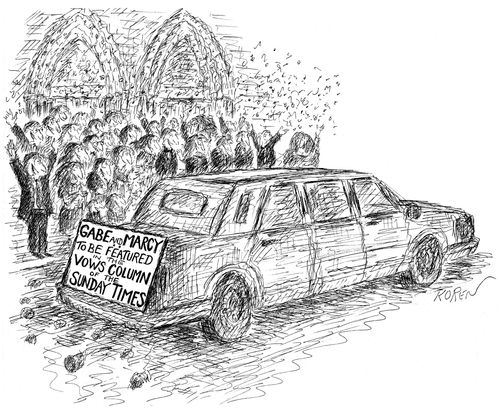 A limousine leaving a wedding ceremony has a sign on the back saying "Gabe and Mary to be featured in the Vows Column of the Sunday Times”.