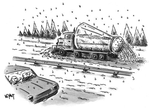 A truck salts the road.