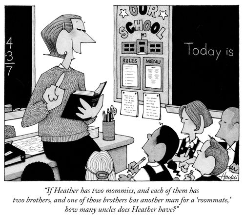 "If Heather has two mommies, and each of them has two brothers, and one of those brothers has another man for a 'roommate,' how many uncles does Heather have?"