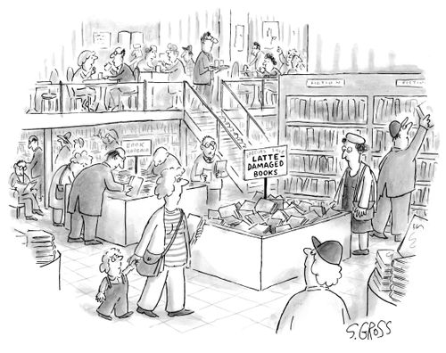Sign on a sale bin at a bookstore that reads "Latte-Damaged Books".
