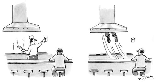 A short-order cook gets sucked into the exhaust vent over the grill.