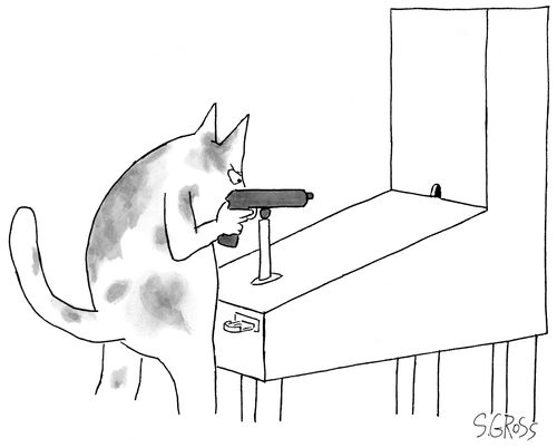 Cat plays an arcade game that involves shooting at gun into a mouse hole.