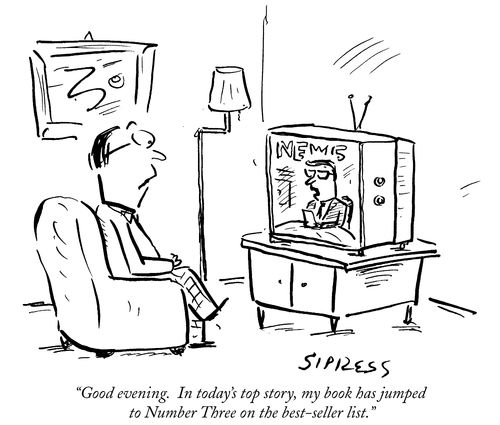 "Good evening. In today's top story, my book has jumped to Number Three on the best-seller list."