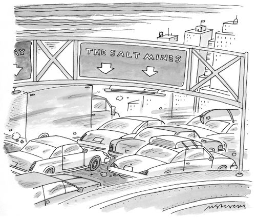 Heavy traffic on a highway passes under a sign that reads "The Salt Mines".