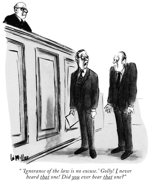 "'Ignorance of the law is no excuse.' Golly! I never heard that one! Did you ever hear that one?"