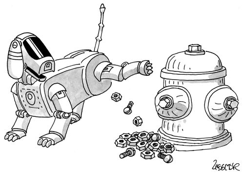A robot dog urinates nuts and bolts on a fire hydrant.