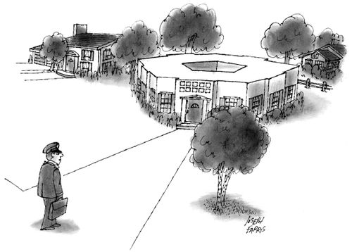 A military officer walks down a path to his house which is shaped like The Pentagon.