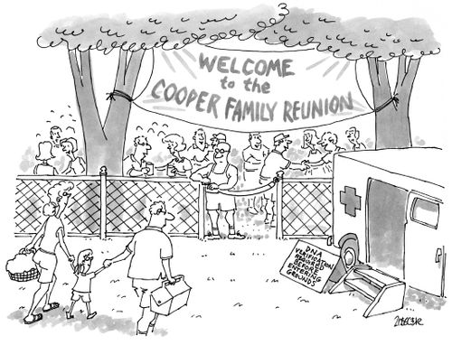 An family approaches the entrance to a park with a banner saying "Welcome to the Cooper family reunion"; a nearby van has a sign that reads "DNA verification required before entering grounds".