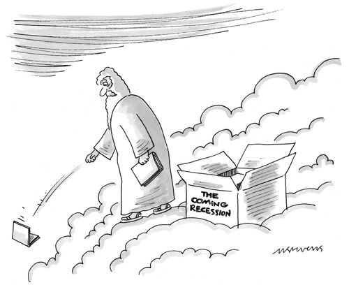 God throwing books down to earth entitled "The Coming Recession".