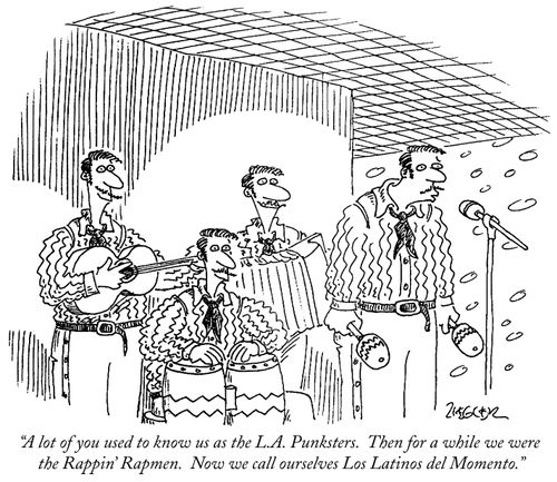 "A lot of you used to know us as the L.A. Punksters. Then for a while we were the Rappin' Rapmen. Now we call ourselves Los Latinos del Momento."