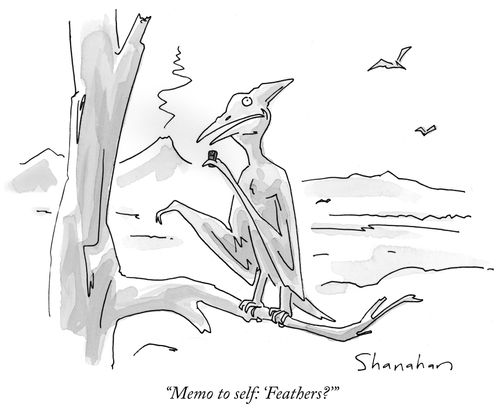 "Memo to self: 'Feathers?'"