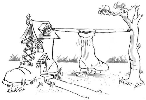 Old woman who lived in a shoe hangs a huge sock out to dry on a clothesline.