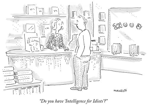 "Do you have 'Intelligence for Idiots'?"