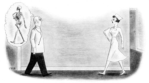 A doctor looks at a nurse and imagines a skeleton