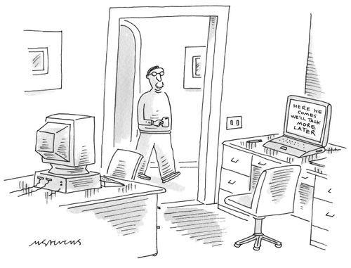 Two computers are having a conversation, but stop when their owner enters the room.