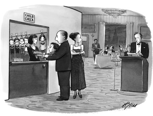A couple leaves their child at a "Child Check" counter before entering a fancy restaurant.