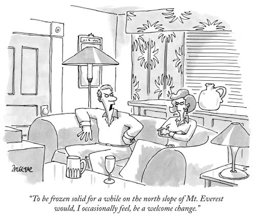 "To be frozen solid for a while on the north slope of Mt. Everest would, I occasionally feel, be a welcome change."
