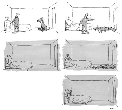A dog sneaks into the bed of his owner in the middle of the night.
