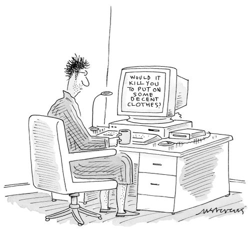 A man in a bathrobe looks at his computer screen which reads "Would it kill you to put on some decent clothes?".
