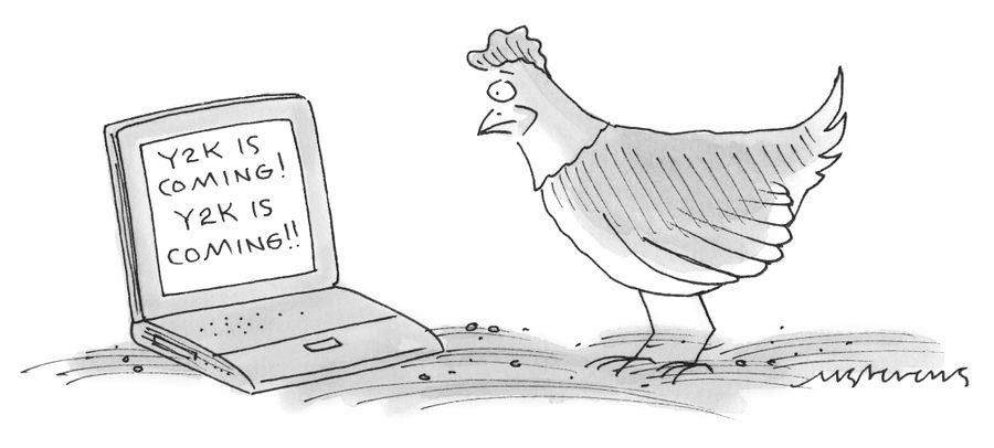 A chicken looks at a computer screen that reads "Y2K is coming! Y2K is coming!!".