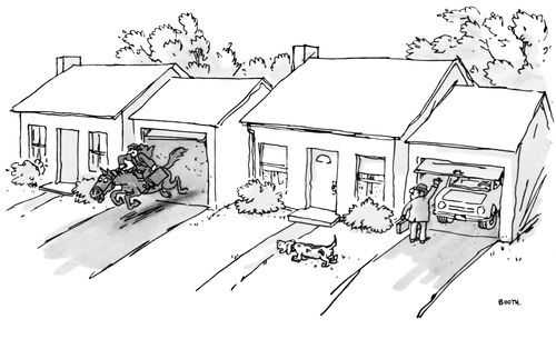 A man watches as his neighbor leaves for work riding on a fast horse.