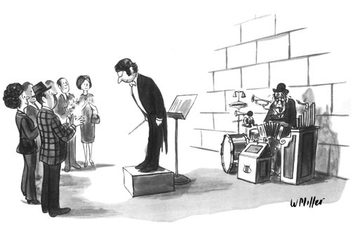 A conductor bows while a one-man-band sits, exhausted.