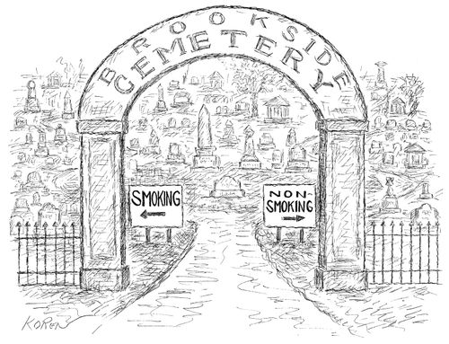 Signs at the entrance of a cemetery pointing to the "Smoking" and "Non-smoking" sections.