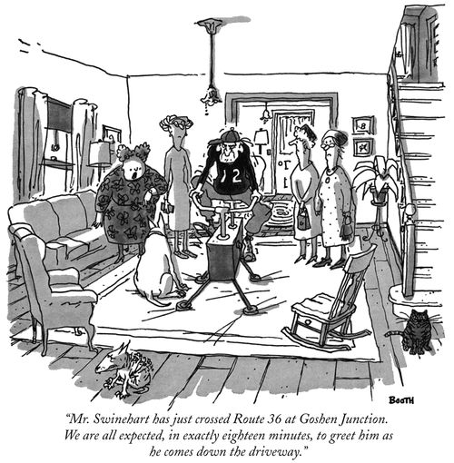 "Mr. Swinehart has just crossed Route 36 at Goshen Junction. We are all expected, in exactly eighteen minutes, to greet him as he comes down the driveway."
