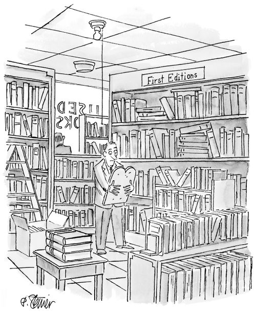 A man finds the first edition of the Ten Commandments written on stone tablets in a bookstore.