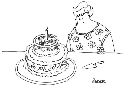 A woman stares at a birthday cake that has "4,000,000 calories" written on top of it in icing.