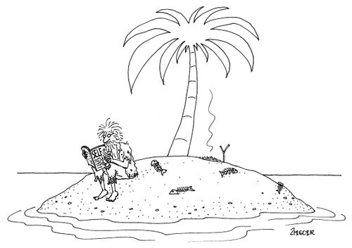 Man on Desert Island reads about himself.